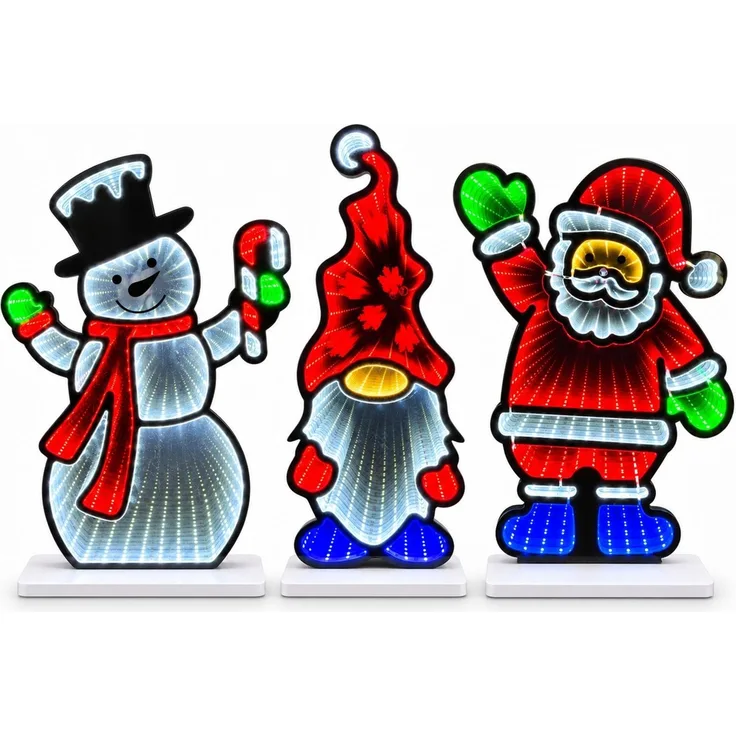 LED Infinity Spiegel 3er-Set Weihnachtsmann, Schneemann, Wichtel mit Timer