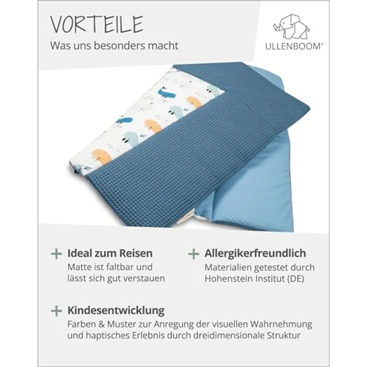 ULLENBOOM ® Wickelauflage 85x75 cm Waffelpiqué Blau Wale (Made in EU) - Wickelunterlage Waschbar und für Unterwegs geeignet, Bezug: 100% OEKO TEX Baumwolle, Wickeltischauflage 75x85 – Bild 6
