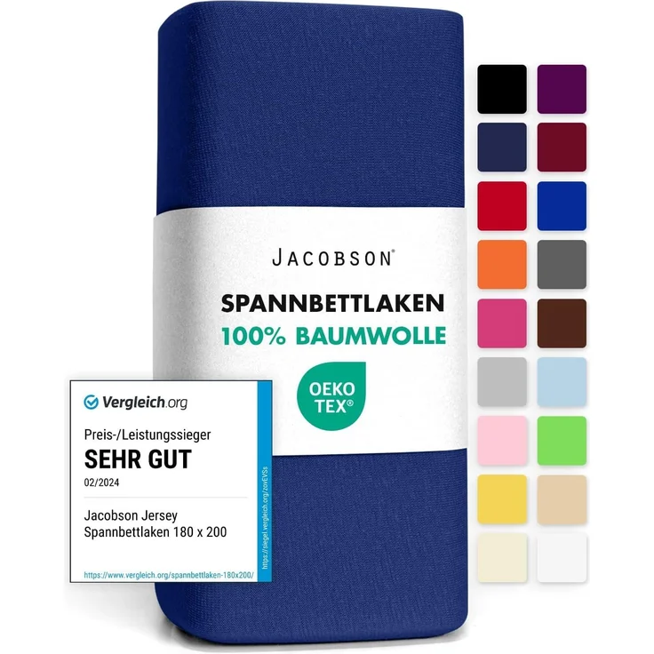 Jacobson Jersey Spannbettlaken Spannbetttuch Baumwolle Bettlaken (90x200-100x200 cm, Royal Blau) – Bild 1