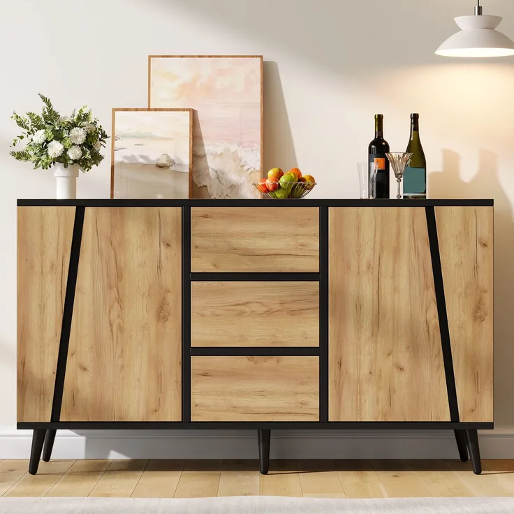 Abrihome Sideboard Aufbewahrungsschrank, Kaffeebar, 3 Schubladen, Naturholz, 120 x 40 x 70 cm