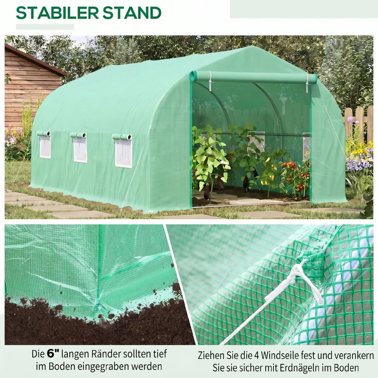 MELAYR, Gewächshaus 4.5 x 3 x 2 m Foliengewächshaus mit Rollbar Reißverschlusstür 6 Netzfenster Stützstangen, Grün – Bild 6