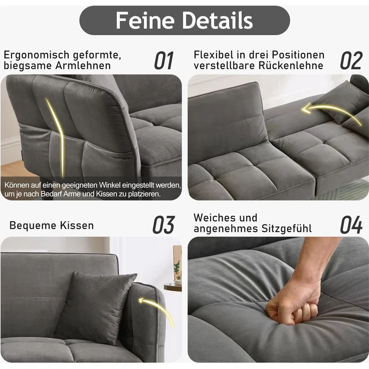 Schlafsofa Samt 2-in-1 verstellbar, mit klappbaren Armlehnen,Sofabett mit Massivholzfüßen & 2 Kissen,Grau – Bild 8