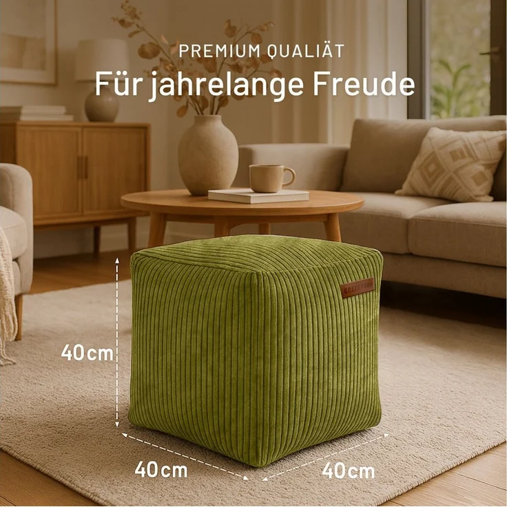 Green Bean Indoor Cord Sitzhocker Pouf Cube 40x40x40cm mit EPS-Perlen Füllung - kuschelig weich waschbar - die ideale Ergänzung zum Sitzsack für Kinder & Erwachsene - Grün – Bild 3