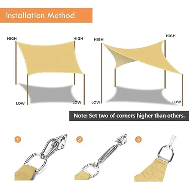 Dripex Sonnensegel Sonnenschutz Set inkl Befestigungsseile Rechteckig Wasserabweisend Polyester Imprägniert 95% UV Schutz Windschutz Wetterschutz 3X3 m für Balkon Garten Terrasse Sand – Bild 4