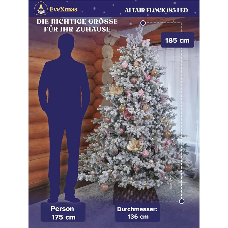 EveXmas Altair Flock Künstlicher Weihnachtsbaum Grün-Weiß 185 cm mit 360 LEDs – beschneite Optik, 100% PE Spritzguss, inkl. Metallständer – Bild 7