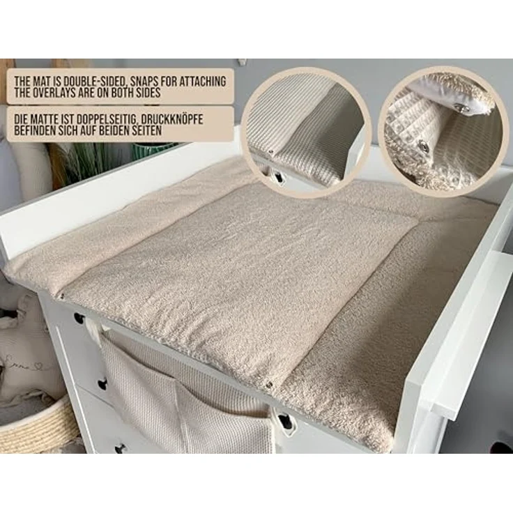 Wickelauflage Set 6-teilig – Wickelunterlage aus Waffelstoff & Frottee mit Druckknöpfen – Baby Wickelauflage – Wickeltischauflage – 75x72 cm (Breite x Tiefe), Hellbeige – Bild 6