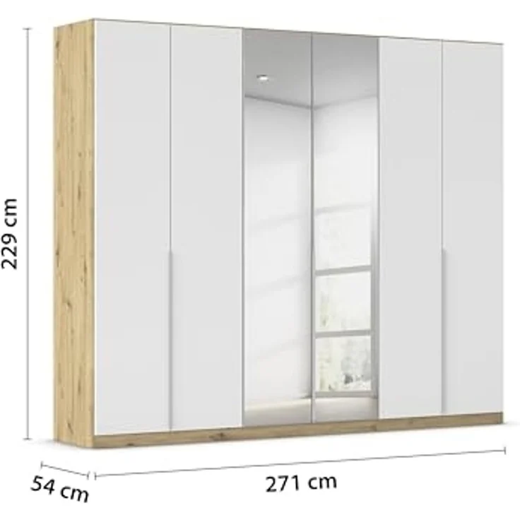 Rauch Möbel Alabama, Kleiderschrank für Schlafzimmer, Kinderzimmer, Wohnzimmer, Garderobe, Flur, 6-türig, Spiegel, mit Zubehör Premium, Farbe Weiß/Eiche Artisan, Holz, Breite 271 cm – Bild 3