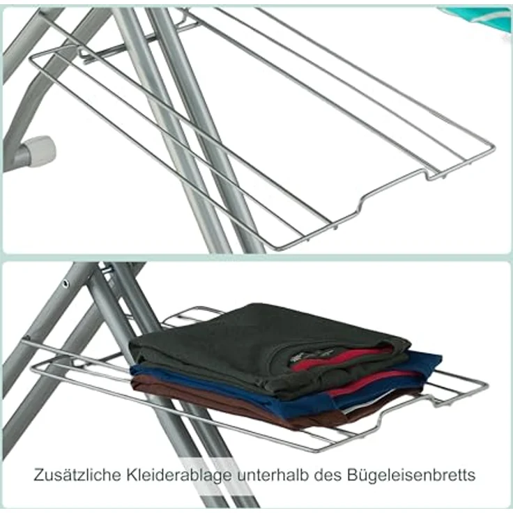 Relaxdays Bügelbrett für Dampfbügeleisen, 122 x 39,5 cm, höhenverstellbar in Türkis/Silber, klappbar mit Ablage – Bild 7