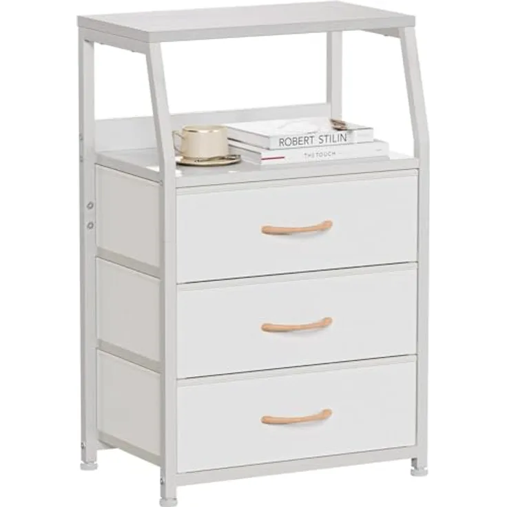 GarveeLife Kommode Schmal Kommodenschrank Mit 3 Schubladen Aus Stoff, Nachttisch Nachtschrank Sideboard Aufbewahrungskommode Mit 2-Tier Holz Regal Für Schlafzimmer, Flur, Wohnzimmer, 41x29x72Cm