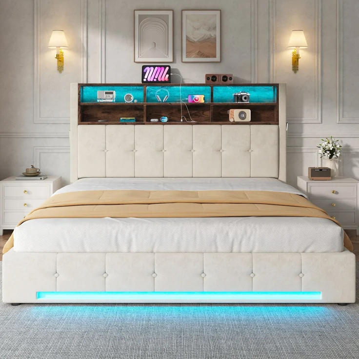 TavilaEcon Polsterbett mit Bettkasten und USB-C-Anschluss beige Liegefläche 160 × 200 cm – Bild 8