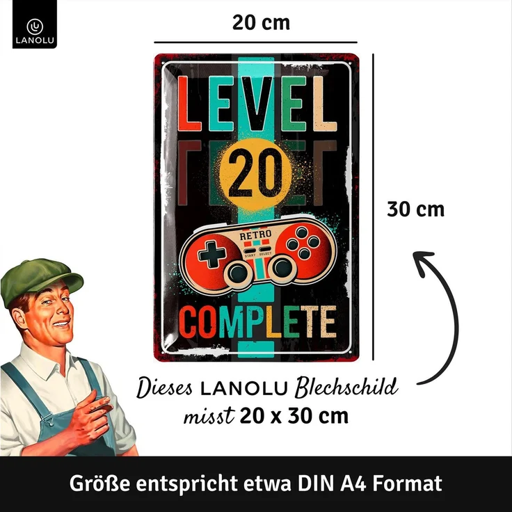 LANOLU Blechschild Retro Gaming Controller lvl. 20 - 20x30cm – Metall – Mehrfarbig – 20198 – Bild 5