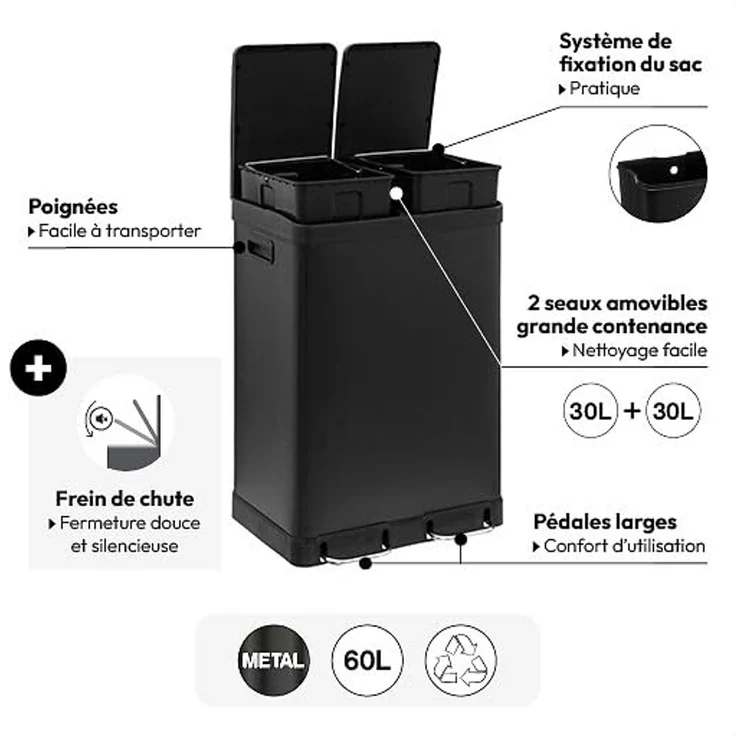5five Mülleimer Ariane zweikammer mit Trittpedal Edelstahl 2x30 l – Bild 6