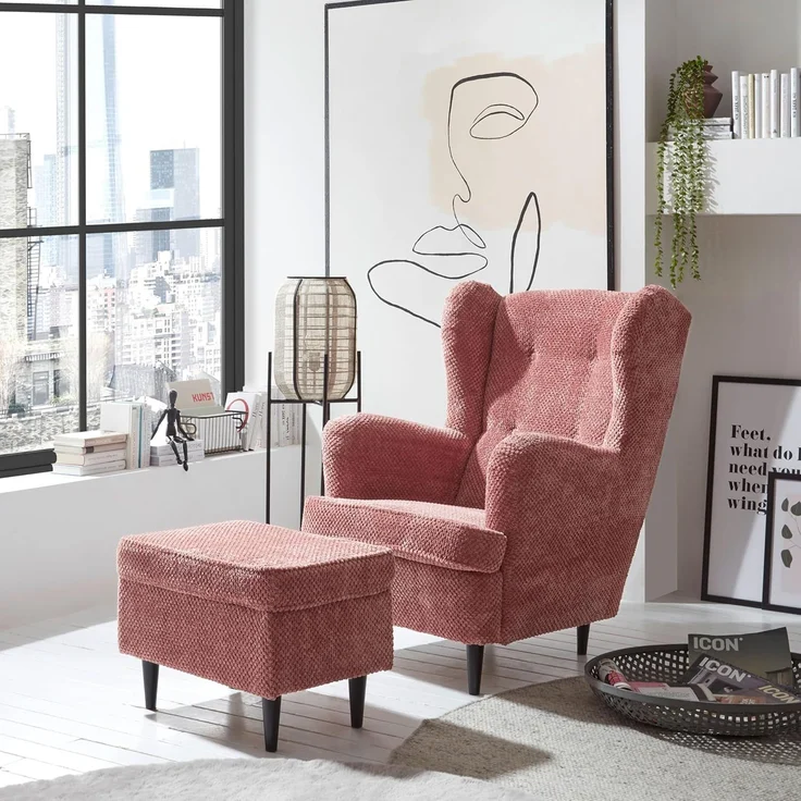 Stella Trading Oskar Ohrensessel mit geknöpfter Polsterung, Coral - Vintage Wohnzimmer Sessel mit Massivholz Füßen - 78 x 102 x 98 cm (B/H/T) – Bild 4