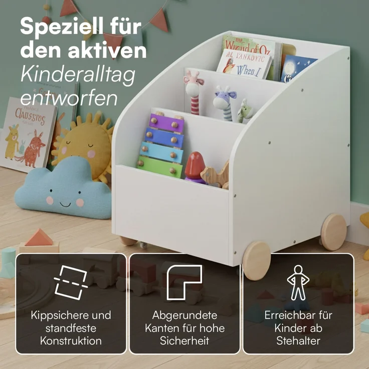 Bellabino 'Towy' Kinderbücherregal, weiß, 43x40x43 cm, Holz, Spielzeugregal mit 3 Ablagefächern und Geheimfach – Bild 4