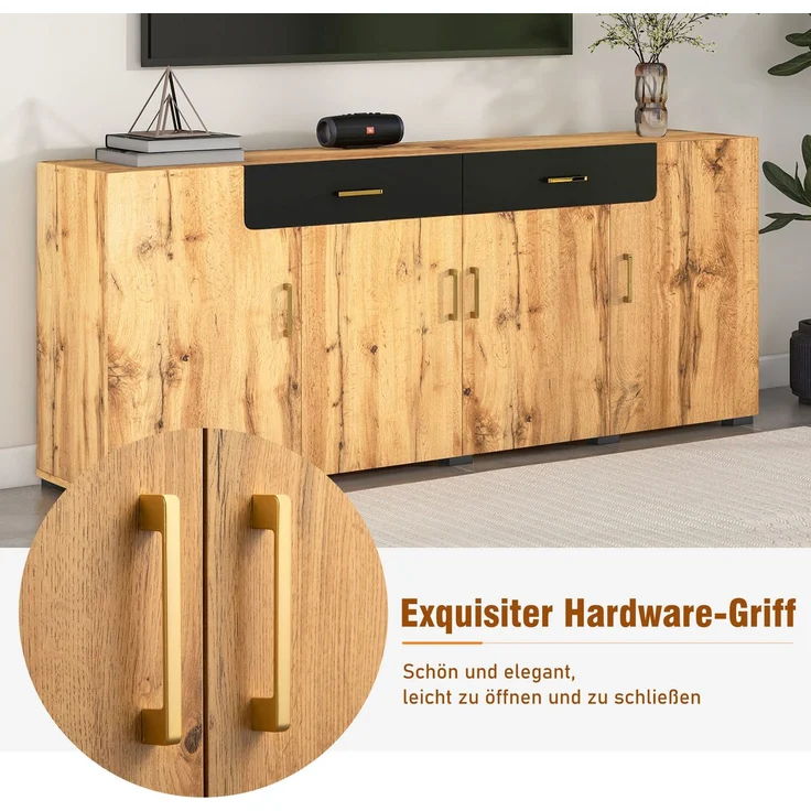 DESVIAE Sideboard mit 4 Türen und 2 Schubladen, 208x80x39,5 cm, Spanplatte und MDF, Weiß/Braun – Bild 4
