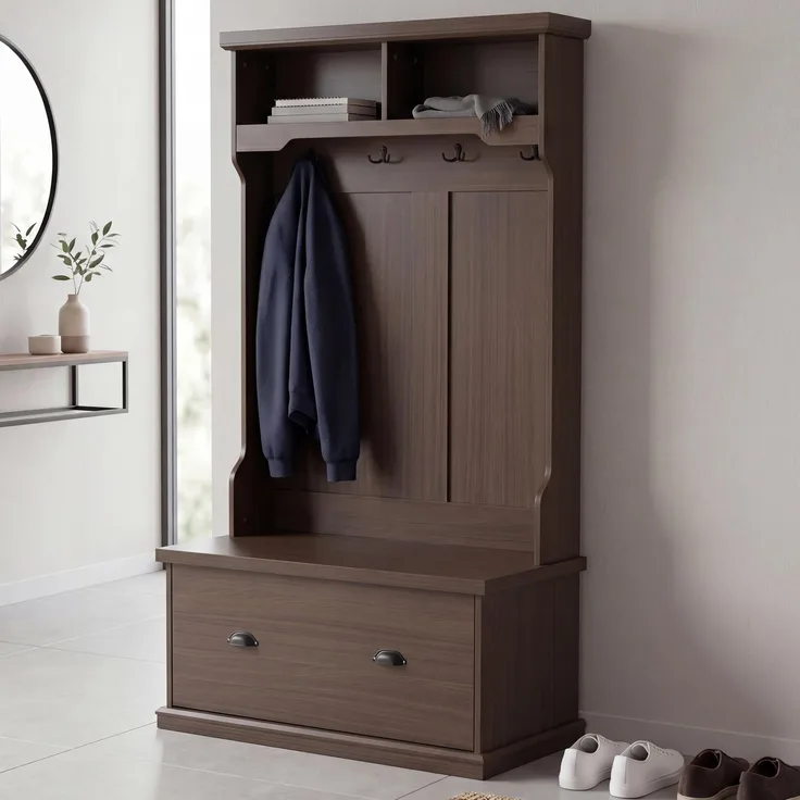 Garderobe HWC-P27, Flurgarderobe Holzgarderobe Sitzbank, 4 Haken Staufach Ablage Melamin 163x100x47cm ~ Walnuss-Optik