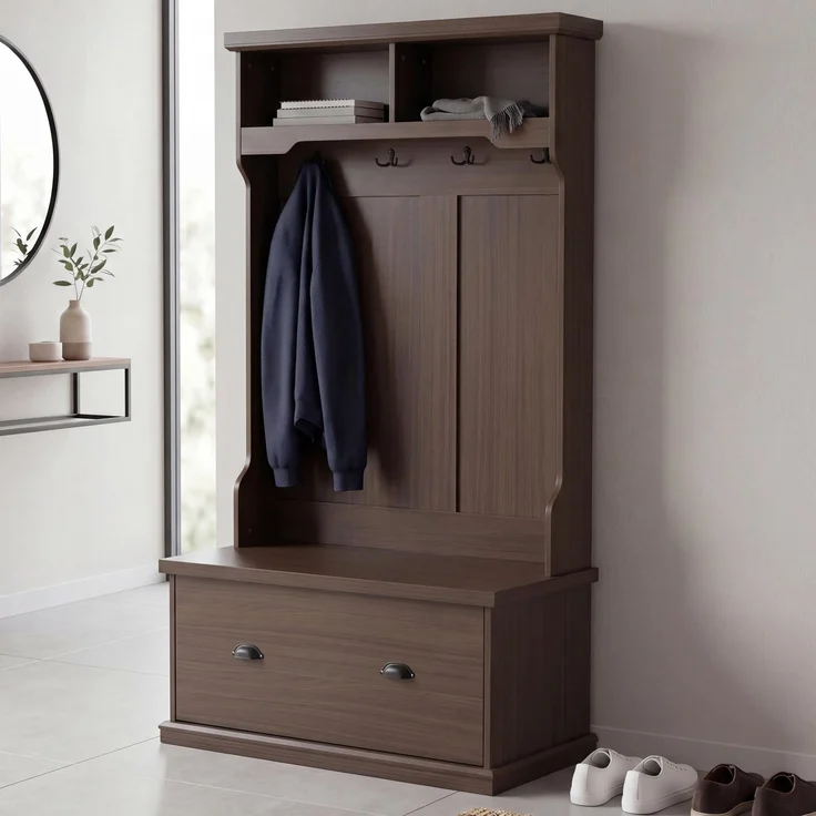 Garderobe HWC-P27, Flurgarderobe Holzgarderobe Sitzbank, 4 Haken Staufach Ablage Melamin 163x100x47cm ~ Walnuss-Optik – Bild 1