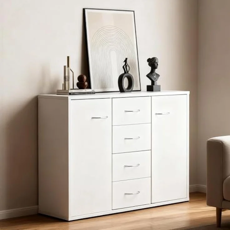 Sweetcrispy Kommode, Weißes Sideboard mit 4 Schubladen & 2 Türen, 88 × 30 × 64 cm, Viel Stauraum für Wohnzimmer, Flur & Schlafzimmer, Moderner Kommodenschrank – Bild 3