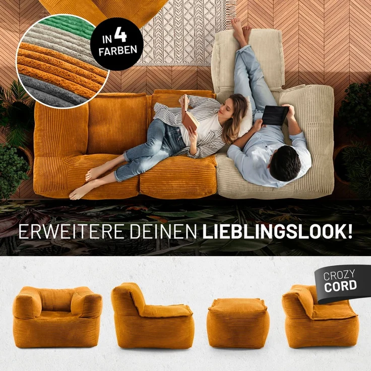 Lumaland Modulares Eckteil rechts - Cord-Reihe | Indoor Sitzsack mit Softer Struktur, ideal Sofa Modulen & zum Pouf | Bean Bag mit Füllung - für Wohnzimmer & Co. - 81 x 81 x 70 cm – Bild 8