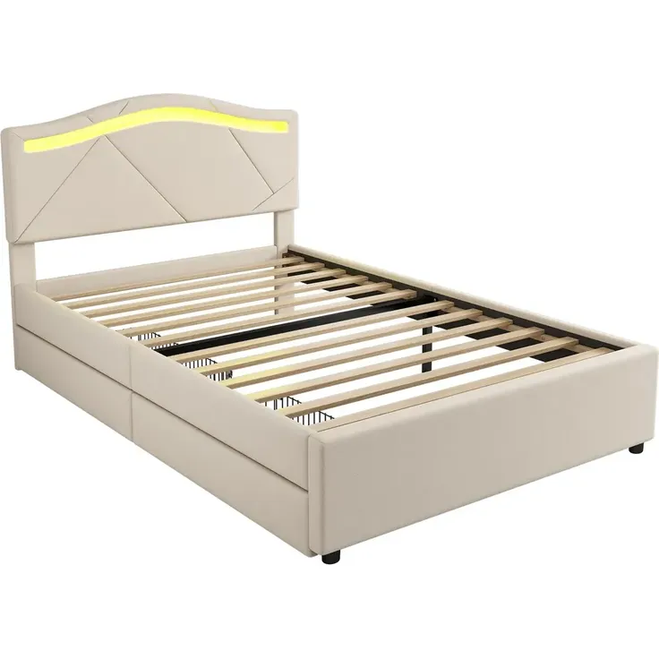 Polsterbett mit LED-Beleuchtung und Schubladen, 90x200cm, gepolsterter Kopfteil, Einzelbett, Stauraumbett, Leinen – Bild 6