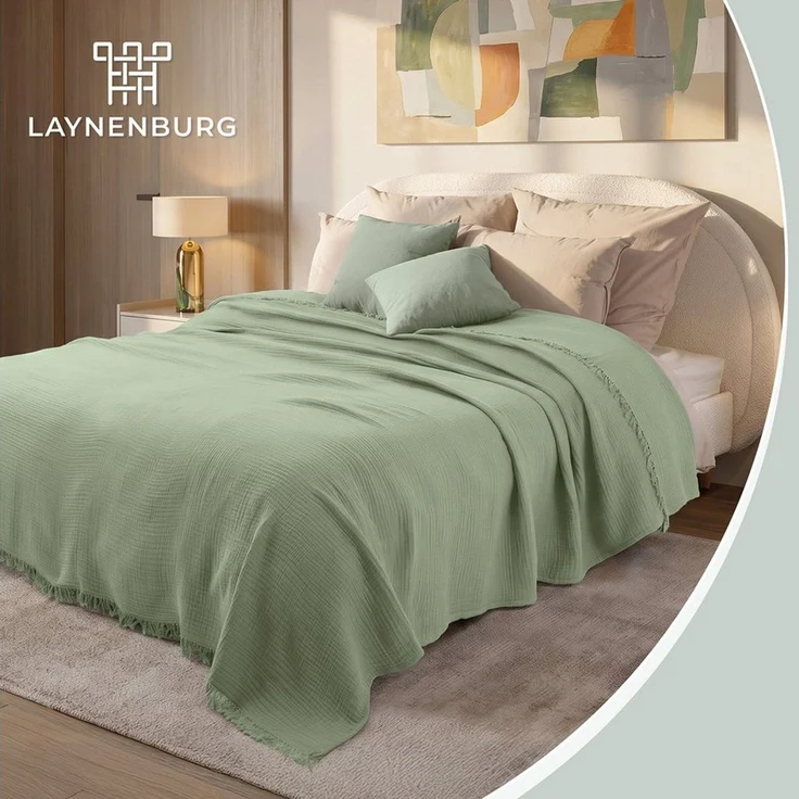 Laynenburg Tagesdecke Musselin mit Fransen aus 100% Baumwolle – Baumwolldecke, Wohndecke als Sommerdecke, Bett-Überwurf, Sofa-Decke, Kuscheldecke – Bild 2