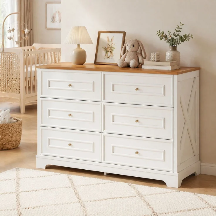 DESVIAE Sideboard mit 6 Schubladen 120x76x40 cm MDF und Spanplatte Weiß/Naturholz – Bild 2