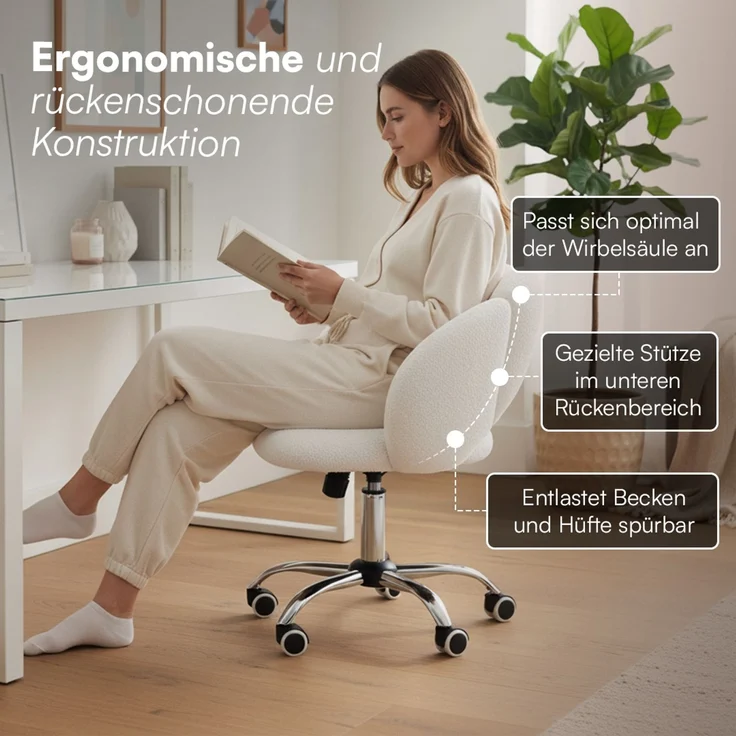 Bellamio 'Meli' Wolkenstuhl, weiß, Teddy-Bouclé Stoff, höhenverstellbar & drehbar, bis 140 kg, Schmink- & Schreibtischstuhl mit Rollen – Bild 5
