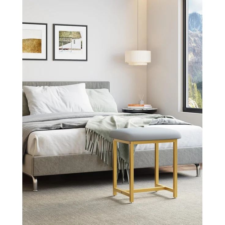 Mondeer Schminkhocker, Makeup Eitelkeit Hocker, Fußhocker Stuhl mit goldene Metallbeine, für Make-up Raum Schlafzimmer Wohnzimmer Eingang Flure, 41 × 31 × 44.5 cm, Grau+Gold – Bild 7