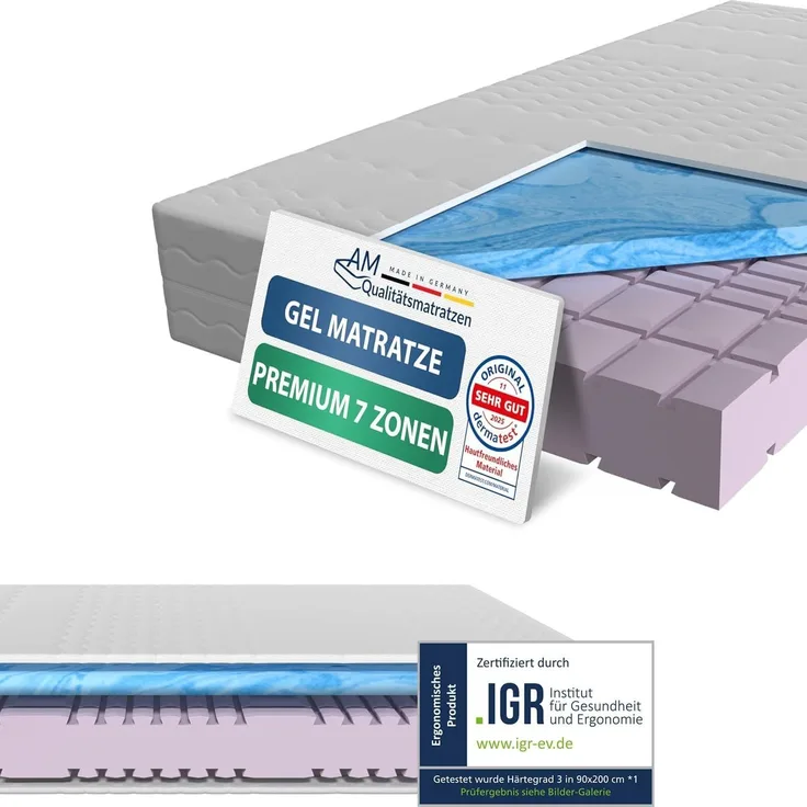 AM Qualitätsmatratzen Kaltschaummatratze mit 6 cm Gelschaum-Auflage, H3, Höhe 24 cm, 180x200 cm