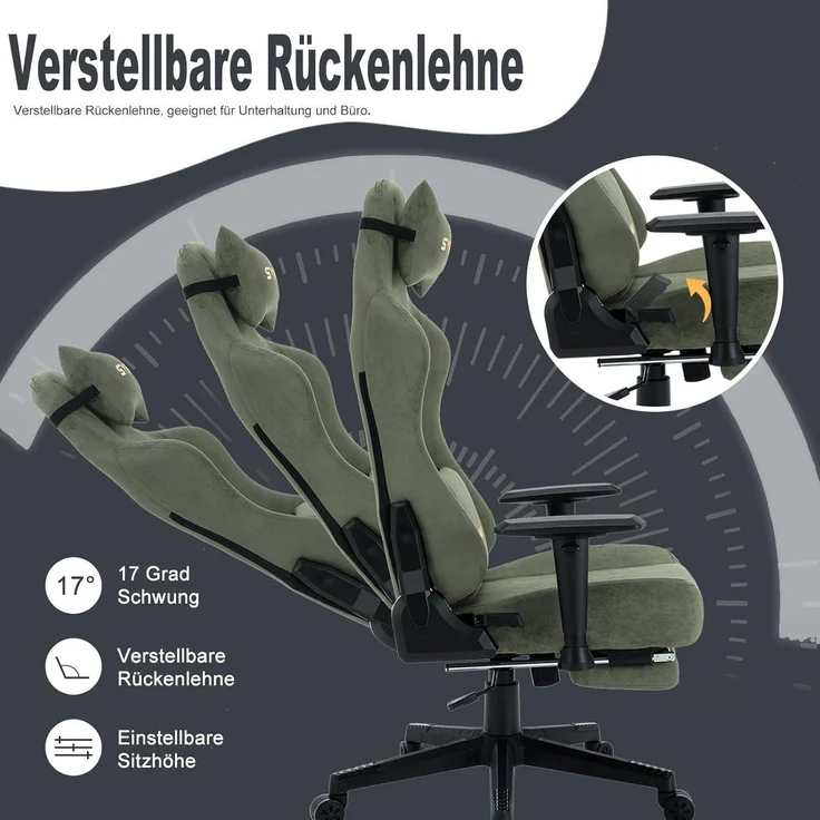 Symino Gaming Stuhl Bürostuhl Hochwertiger Stoff Grün Kunstfell – Bild 5