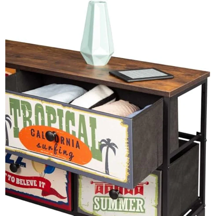 AKTIVE Max Home Mehrzweck-Schlafzimmer, Retro- und Vintage-Grafiken, 5 leichte Stoffschubladen, 103 x 30 x 56 cm, Stahlrahmen, Holzplatte, Nachttische, Wohnzimmermöbel (18402) – Bild 5