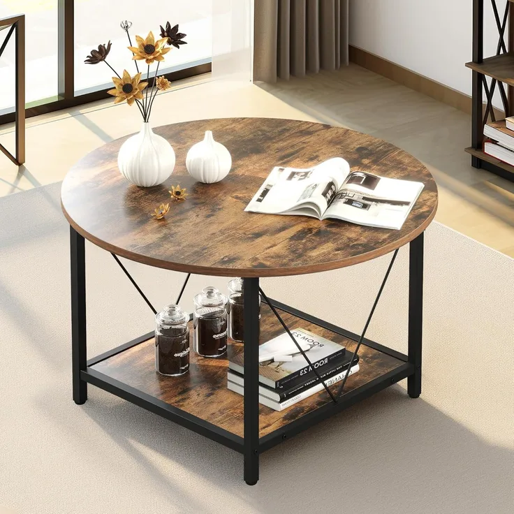 YITAHOME Runder Couchtisch, 80 x 80 x 46 cm Rustikaler Wohnzimmertisch aus Holz für Wohnzimmer mit Ablage, Moderner Bauernhaus Couchtisch mit Stabilen Metallbeinen, Heimmöbel