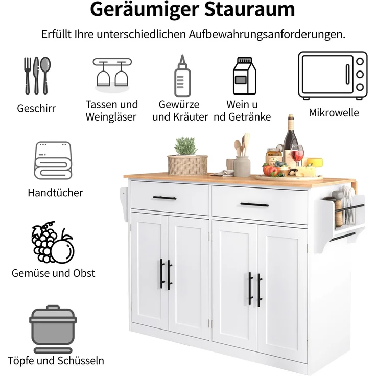 Servierwagen 120x46x91 cm mit klappbarer Tischplatte, Rollen und austauschbaren Holzfüßen, Kücheninsel und Sideboard, Weiß & Natur – Bild 6