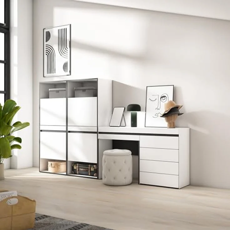Skraut Home | Schuhregal, Schuhschrank | Schuhaufbewahrung | 247x145x35 cm | Für Schlafzimmer, Zimmer | Kommode mit Schubladen | Schminktisch | Moderner Stil | Weiß – Bild 2