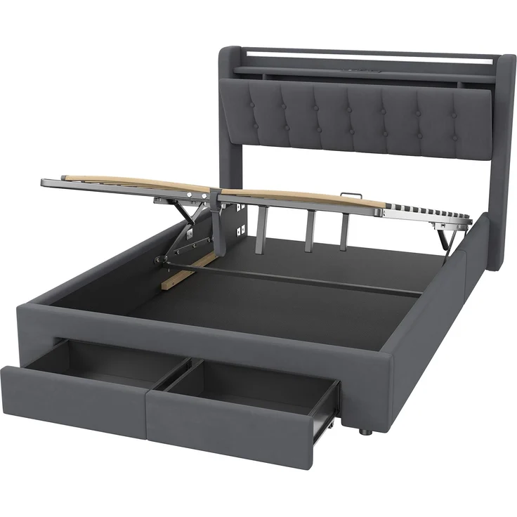 Polsterbett 140 x 190 cm, Samt, mit Bettkasten, Schubladen, USB-Anschluss und LED-Beleuchtung, Dunkelgrau – Bild 7