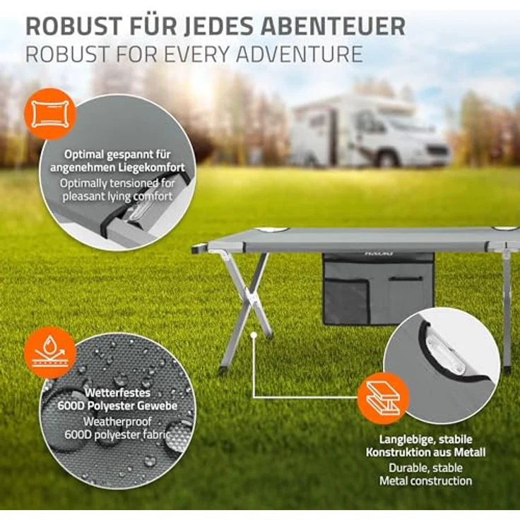 Hauki Feldbett Campingbett klappbar mit Tragetasche Belastbarkeit bis 150 kg Gästebett 210x83x46 cm Grau XL Klappbett für Reisen Metallrohr – Bild 7