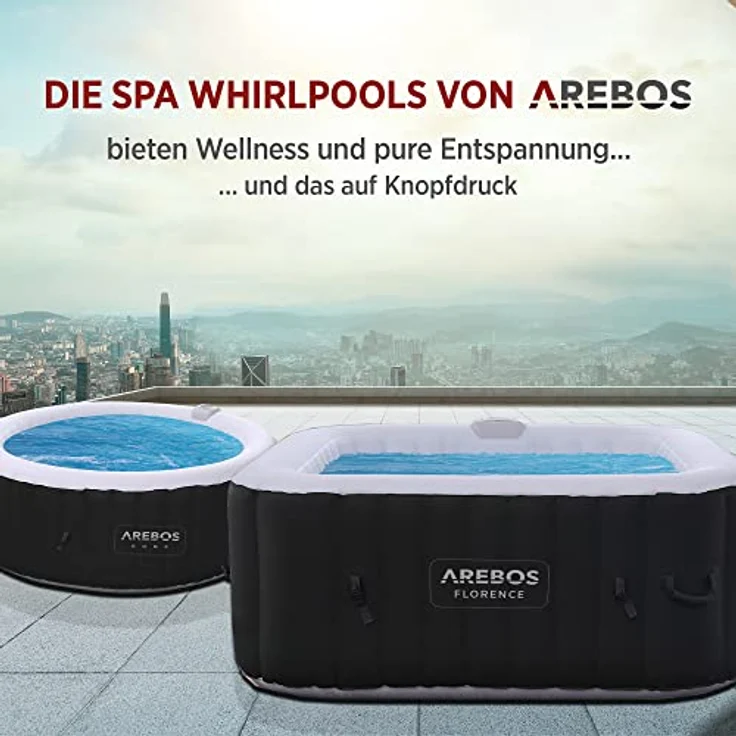 Arebos Aufblasbarer Spa Pool 4 Personen, 154x154cm, 100 Massagedüsen, regulierbare Wärme bis 40°C, 600 Liter, für drinnen und draußen – Bild 3