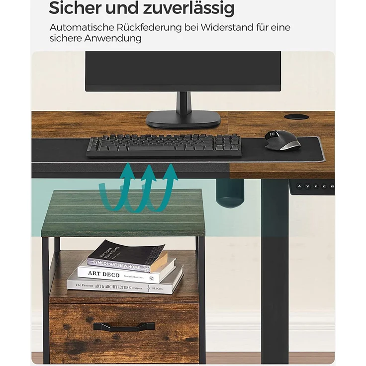 SONGMICS Höhenverstellbarer Schreibtisch, elektrisch, stufenlos verstellbar, gespleißte Platte, 4 Höhe gespeichert, Stofftasche, 140 x 60 x (72-120) cm, aus Stahl, vintagebraun-schwarz LSD016X01 – Bild 6