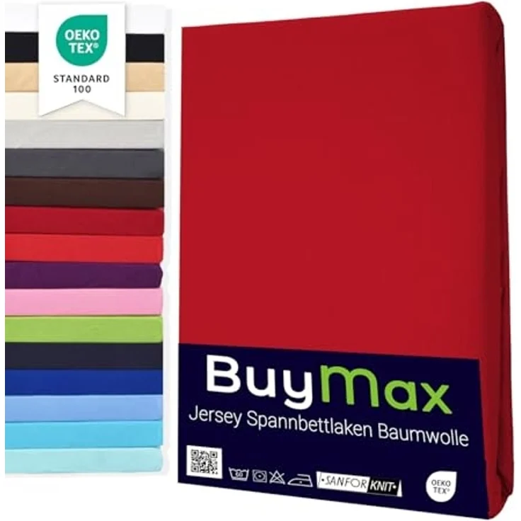 Buymax® Topper Spannbettlaken 140x200 cm Spannbetttuch 100% Baumwolle Jersey für Matratzentopper bis 12 cm Matratzenhöhe Bettlaken für Boxspringbett Topper, Rot – Bild 1