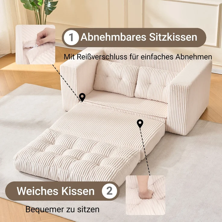 EINHOM Zweisitzer-Schlafsofa mit Memory-Schaum – kein Aufbau erforderlich, 2-in-1-Funktion, Cordbezug – kompaktes Sofa für kleine Räume, Wohnungen, Homeoffice und Schlafzimmer – Bild 5