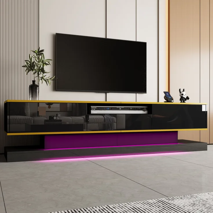 TV Schrank Lowboard 180x38 cm Schwarz Hochglanz LED Beleuchtung 3 Schubladen Goldleiste Wohnzimmer
