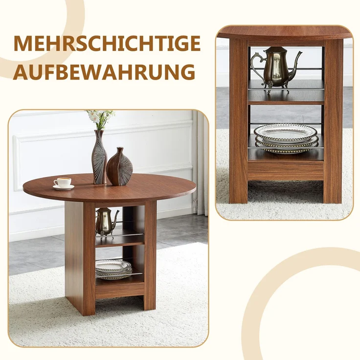 Esstisch rund 100x100x76 cm, MDF in Walnussoptik mit offenen Stauraumfächern – Bild 8