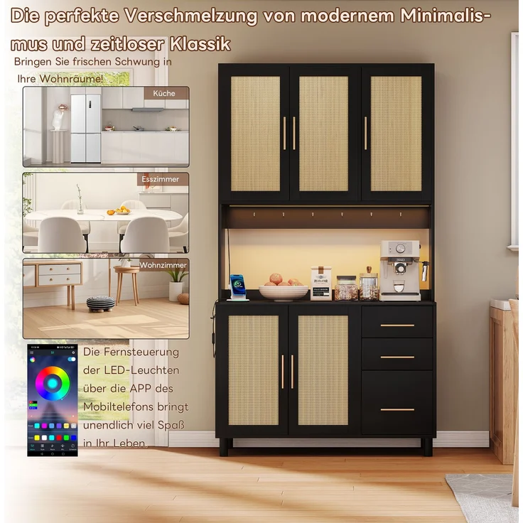 183cm Küchenanrichte, Buffet, App-gesteuerte LED-Deko-Lichter, 2 x USB, 2 x Steckdosen, verstellbare Einlegeböden, 3 Schubladen, goldene Metallgriffe, ideal für Küchen und Esszimmer. – Bild 3