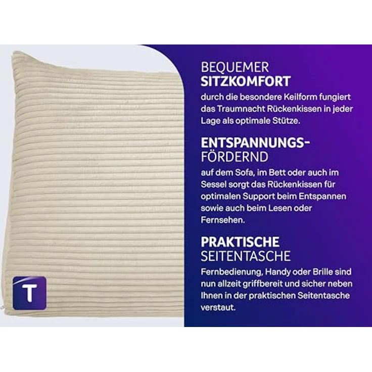 Traumnacht Cozy Rückenkissen, Lesekissen, 70x40 cm, beige, Abnehmbarer,waschbarer Bezug aus gemütlichem Kord, praktisches Seitenfach, Öko-Tex Zertifiziert, produziert nach deutschem Qualitätsstandard – Bild 3