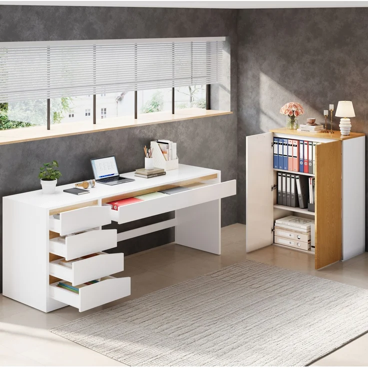 Büromöbel-Set aus MDF mit Schreibtisch und Aktenschrank, Klappfach, Tischfläche 140x50 cm, Weiß/Eiche – Bild 3