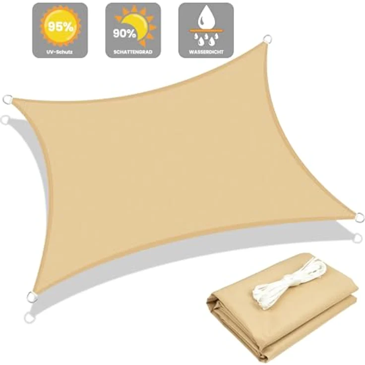 LOVE STORY Sonnensegel Wasserdicht 2x3 m Rechteckig PES Polyester Sonnenschutz Windschutz Balkon Terrasse 95% UV-Schut,für Balkon Garten,Sandbeige – Bild 3