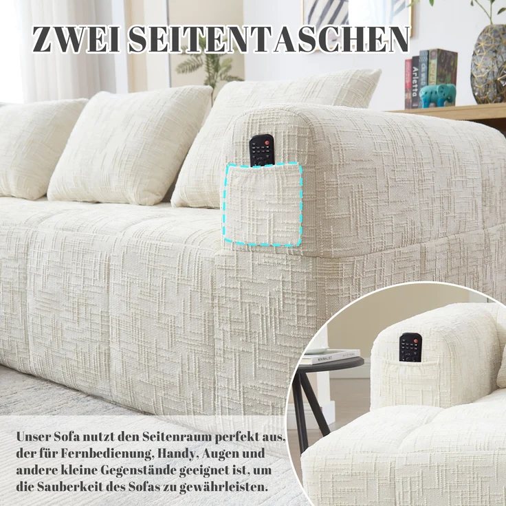 L-Form Sofa (3-Sitzer) mit Chaiselongue, Chenille, ohne Montage, 250x158x60 cm, Beige – Bild 9