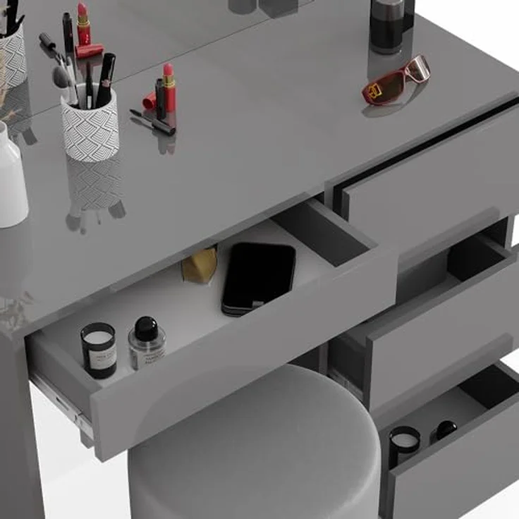 Vicco Schminktisch-Set Sherry, Grau, mit Spiegel und Hocker, 4 Fächer und 4 Schubladen, 90x75x40 cm, Holzwerkstoff – Bild 6