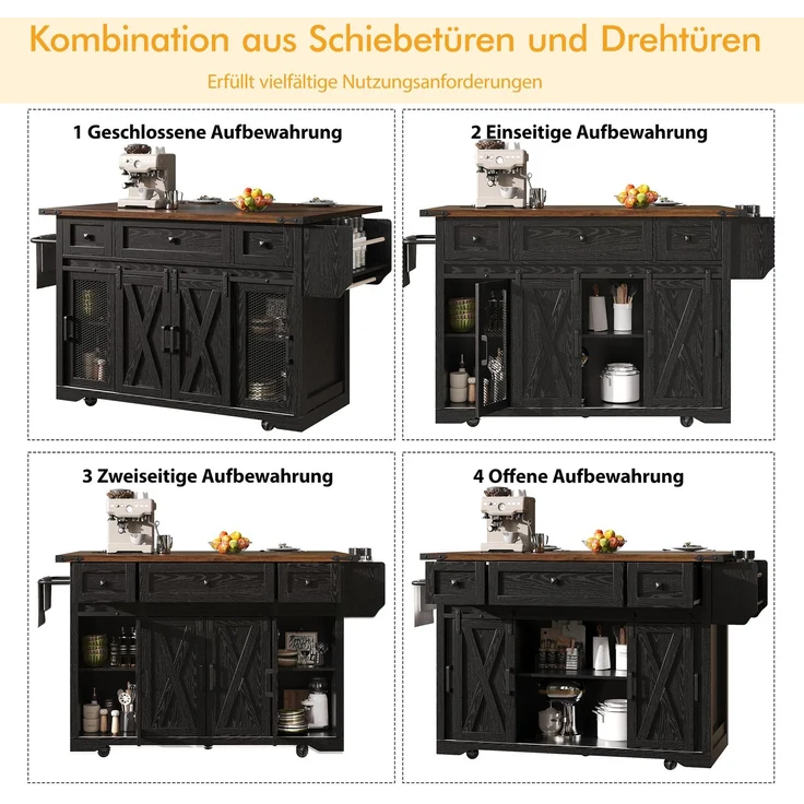 Kücheninselwagen mit ausziehbarer Arbeitsplatte & Stromanschluss, 91cm Arbeitshöhe, Weiß/Schwarz, belastbar bis 75kg – Bild 6