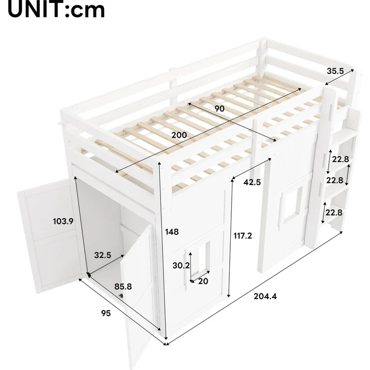 90 x 200 cm großes Hochbett aus Holz mit integriertem Kleiderschrank, 2 Fenstern und LED-Beleuchtung, weiß – Bild 6